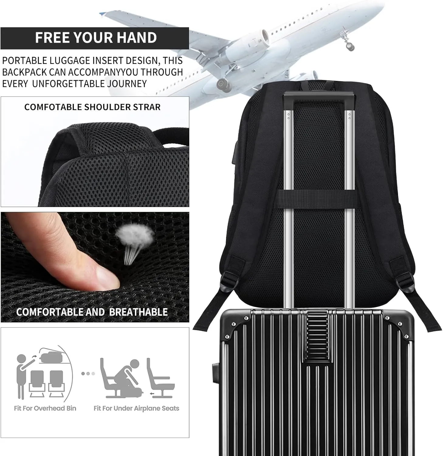 Lightweight Black Backpack for Men Women, School Backpack for Boys Girls Teens, 15.6 Inch Laptop Daily Use back pack with USB Charger, College High School Bookbag for Student Notebook Bag,Daypack Gift