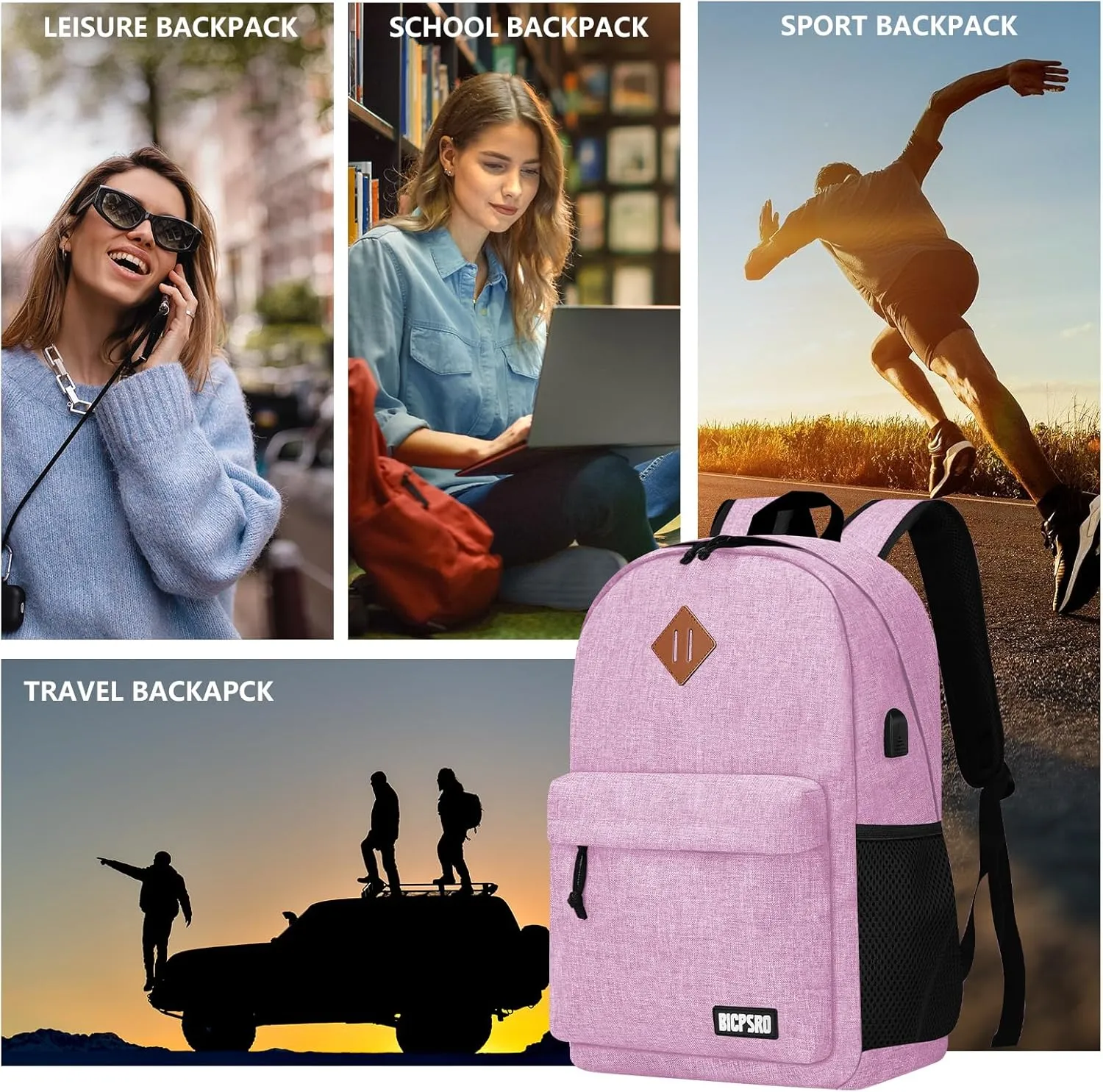 Lightweight Pink Backpack for Women, School Backpack for Girls, 15.6 Inch Laptop Daily Use Back Pack with USB Charger, College High School Bookbag for Kids Notebook Bag, Daypack Gift