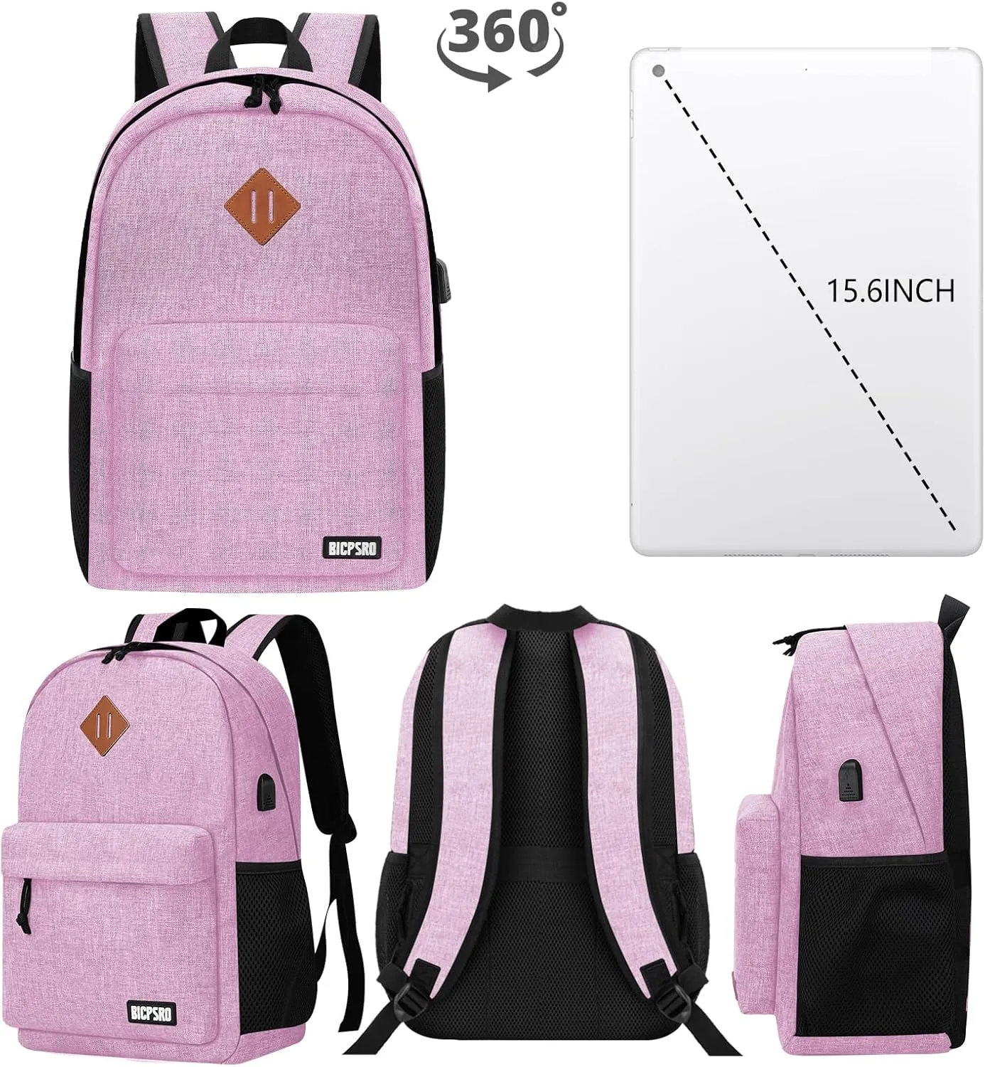 Lightweight Pink Backpack for Women, School Backpack for Girls, 15.6 Inch Laptop Daily Use Back Pack with USB Charger, College High School Bookbag for Kids Notebook Bag, Daypack Gift