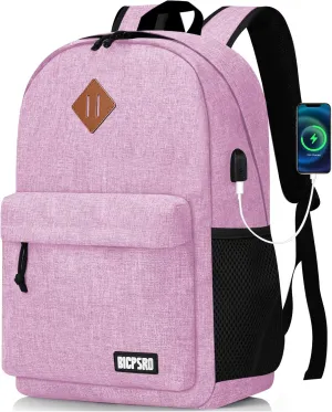 Lightweight Pink Backpack for Women, School Backpack for Girls, 15.6 Inch Laptop Daily Use Back Pack with USB Charger, College High School Bookbag for Kids Notebook Bag, Daypack Gift