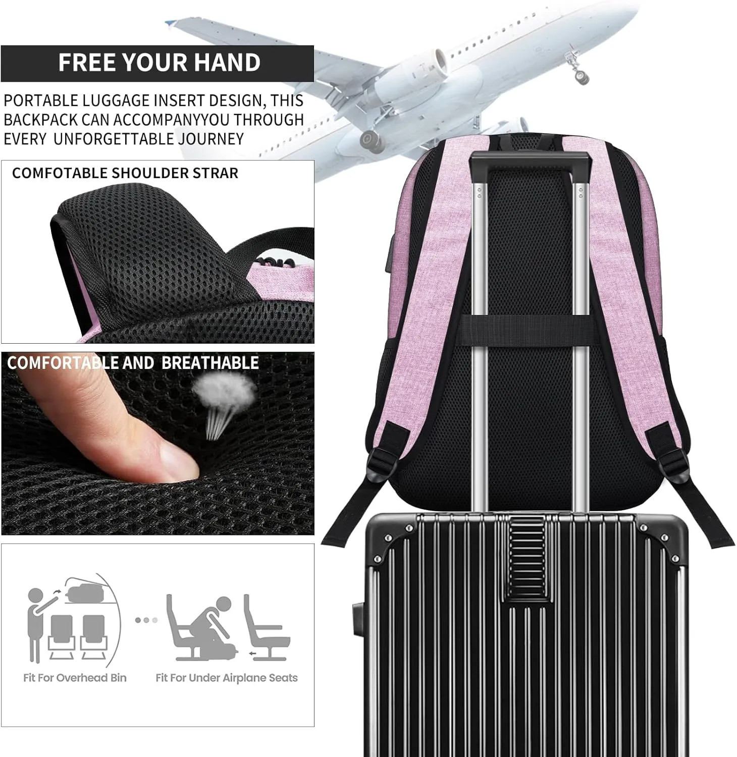 Lightweight Pink Backpack for Women, School Backpack for Girls, 15.6 Inch Laptop Daily Use Back Pack with USB Charger, College High School Bookbag for Kids Notebook Bag, Daypack Gift