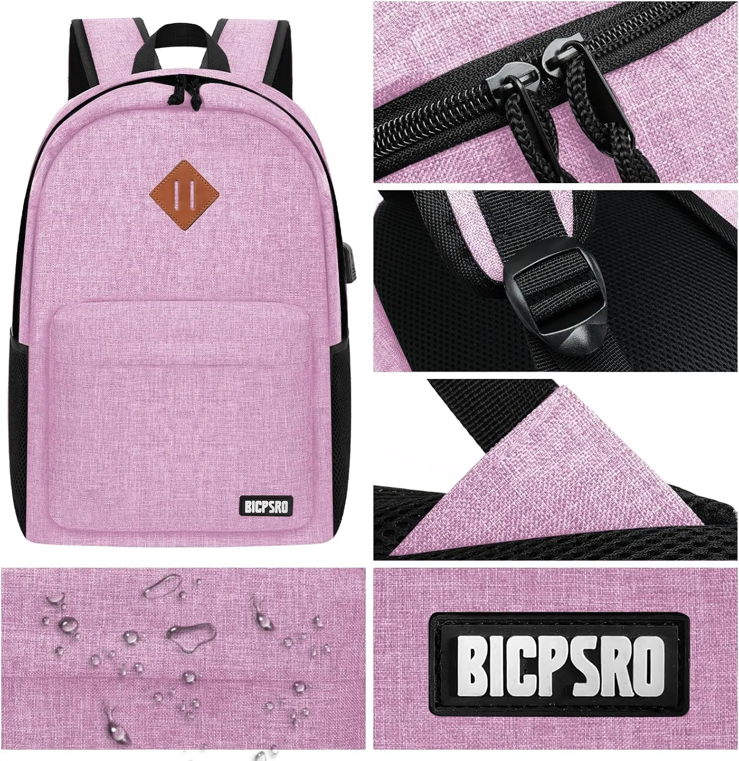 Lightweight Pink Backpack for Women, School Backpack for Girls, 15.6 Inch Laptop Daily Use Back Pack with USB Charger, College High School Bookbag for Kids Notebook Bag, Daypack Gift