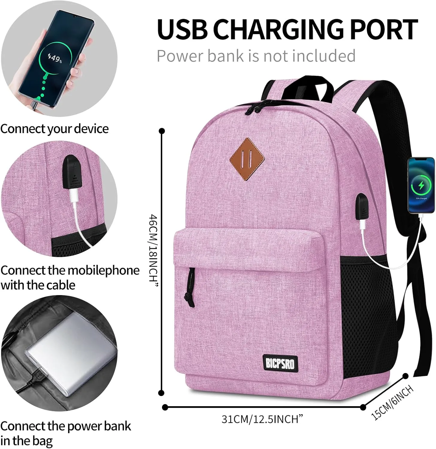 Lightweight Pink Backpack for Women, School Backpack for Girls, 15.6 Inch Laptop Daily Use Back Pack with USB Charger, College High School Bookbag for Kids Notebook Bag, Daypack Gift