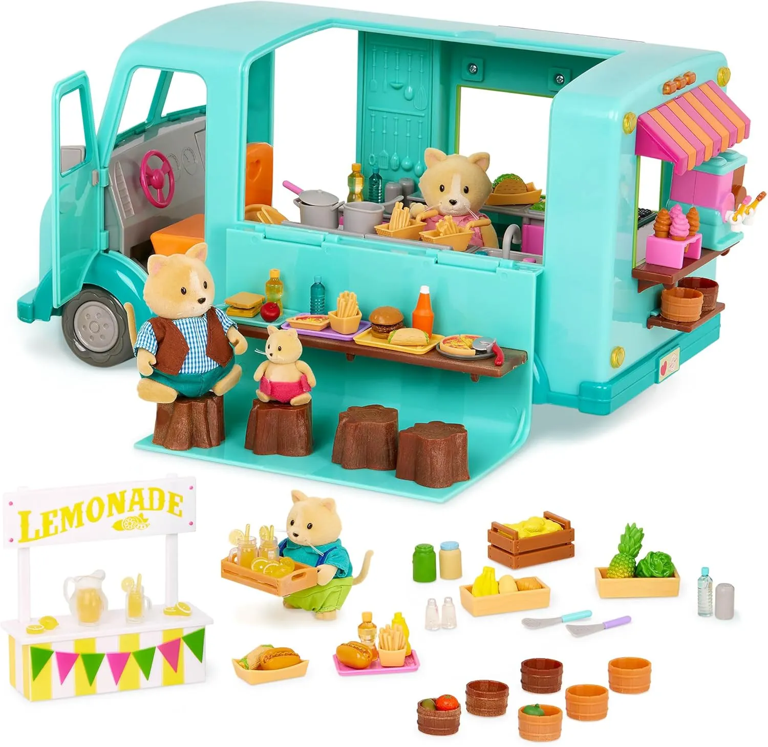 Li’l Woodzeez – Honeysuckle Sweet & Treats Playset – 107 Pcs Food Truck & Pretend Play Food – Cat Family with Storybook Included – Doll Playset with Furnitures for Kids 3 Years  