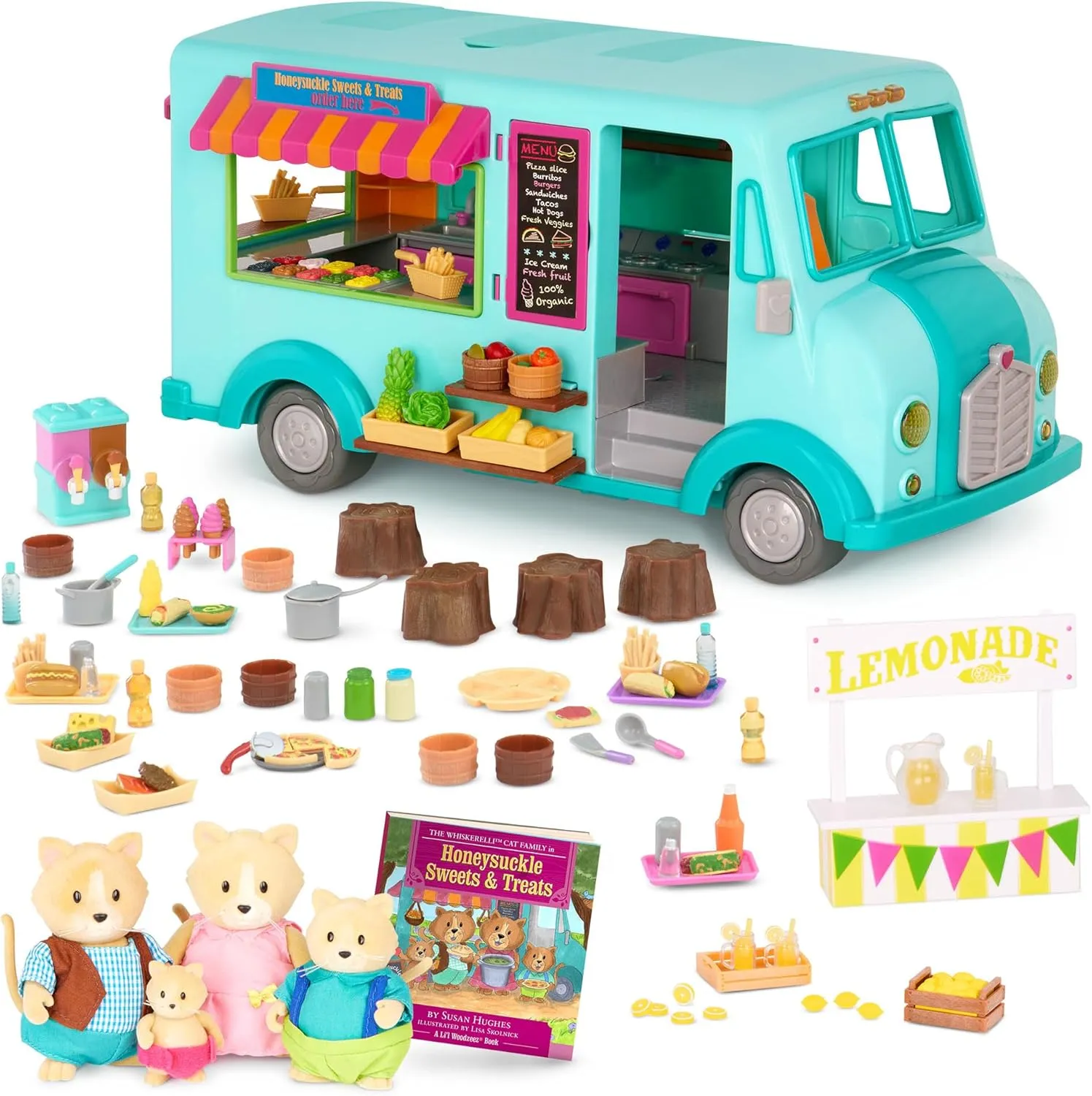 Li’l Woodzeez – Honeysuckle Sweet & Treats Playset – 107 Pcs Food Truck & Pretend Play Food – Cat Family with Storybook Included – Doll Playset with Furnitures for Kids 3 Years  