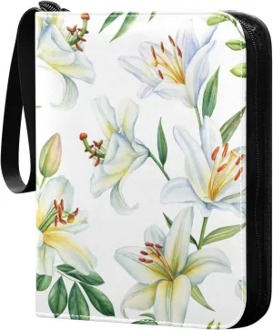 Lilies White Flower and Leaves Pattern Card Binder for Trading Cards, 4 Pocket with 50 Sleeves up to 400 Cards, Double Sided Pockets Card Holder Carry Case for Baseball Card, Football Card, Gaming Car