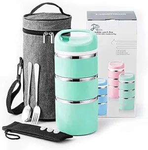 Lille Home Stackable Stainless Steel Thermal Compartment Lunch/Snack Box, 3-Tier Insulated Bento/Food Container with Lunch Bag, Cutlery Set and Three Extra Seals, 43OZ