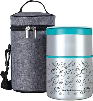Lille Home Vacuum Insulated Stackable Stainless Steel Thermal Lunch/Snack box, 2-Tier Bento/Food Container with Lunch bag, Smart Diet, Weight Control, 32 Ounces, Blue