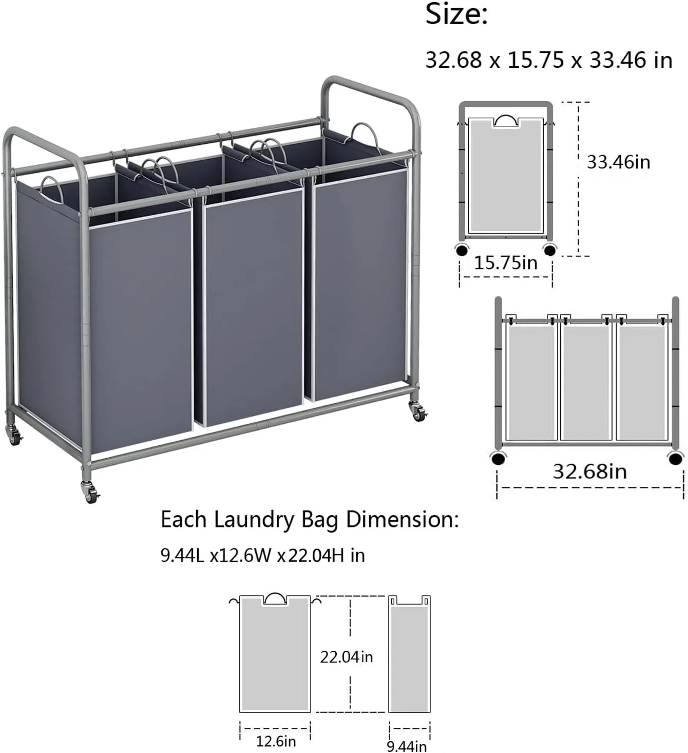 LINZINAR 3-Bag Laundry Sorter,Laundry Hamper Cart with Heavy Duty Rolling Lockable Wheels and Removable Bags (Grey)