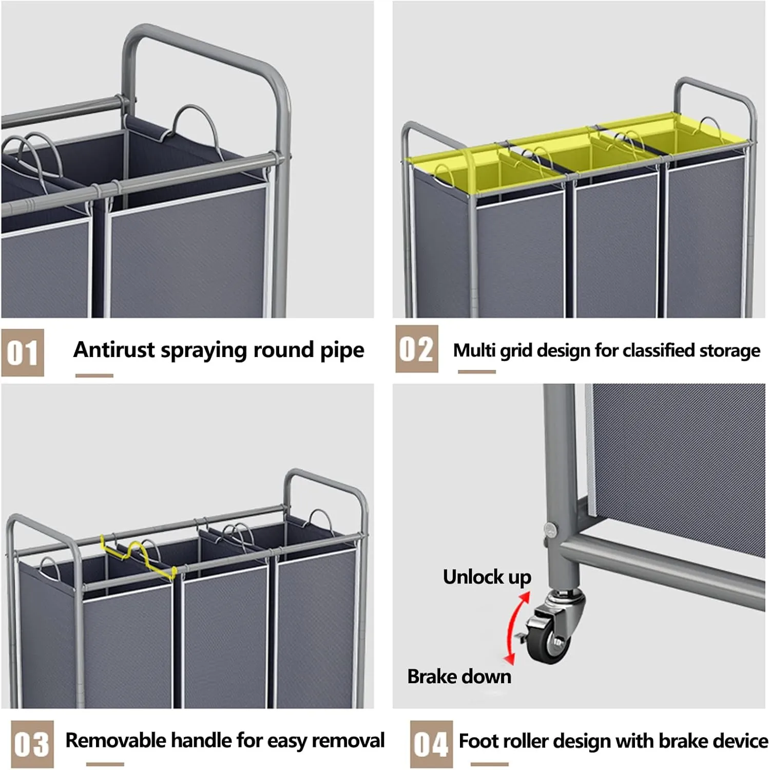 LINZINAR 3-Bag Laundry Sorter,Laundry Hamper Cart with Heavy Duty Rolling Lockable Wheels and Removable Bags (Grey)