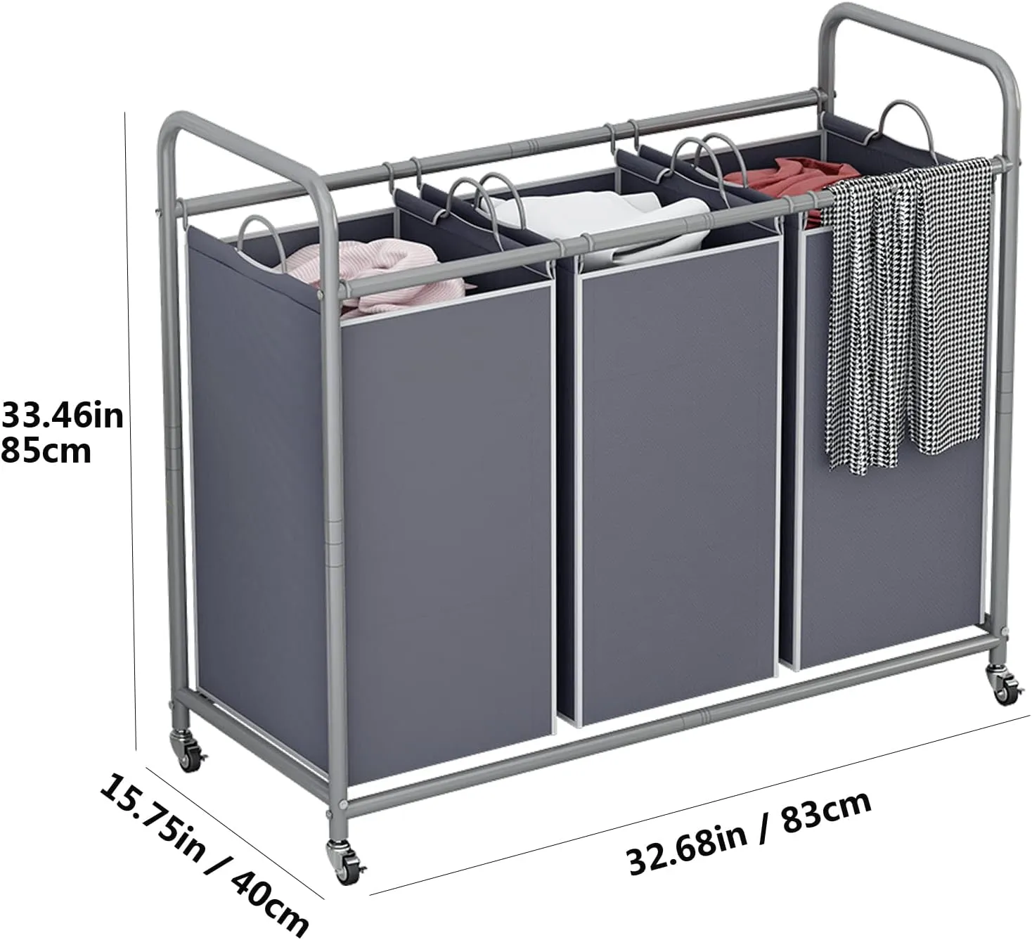 LINZINAR 3-Bag Laundry Sorter,Laundry Hamper Cart with Heavy Duty Rolling Lockable Wheels and Removable Bags (Grey)