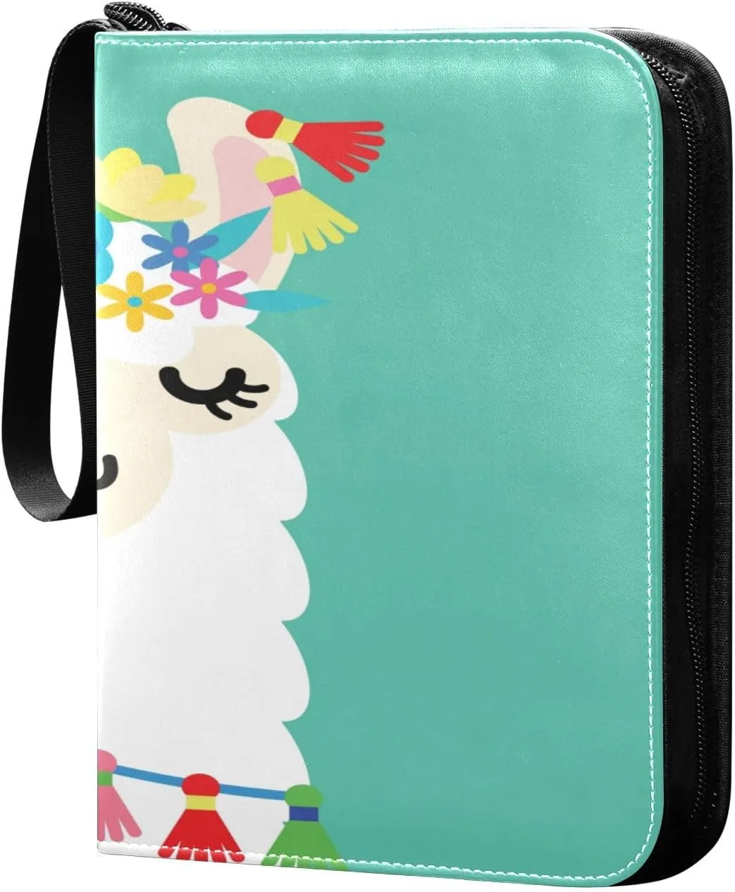Llama Alpaca with Colorful Flowers Card Binder for Trading Cards, 4 Pocket with 50 Sleeves up to 400 Cards, Double Sided Pockets Card Holder Carry Case for Baseball Card, Football Card, Gaming Cards