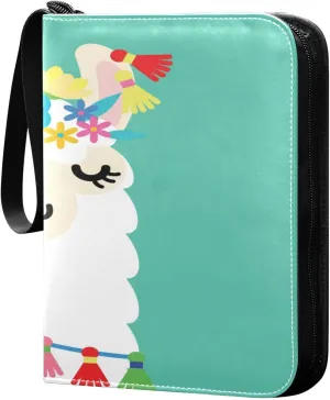 Llama Alpaca with Colorful Flowers Card Binder for Trading Cards, 4 Pocket with 50 Sleeves up to 400 Cards, Double Sided Pockets Card Holder Carry Case for Baseball Card, Football Card, Gaming Cards