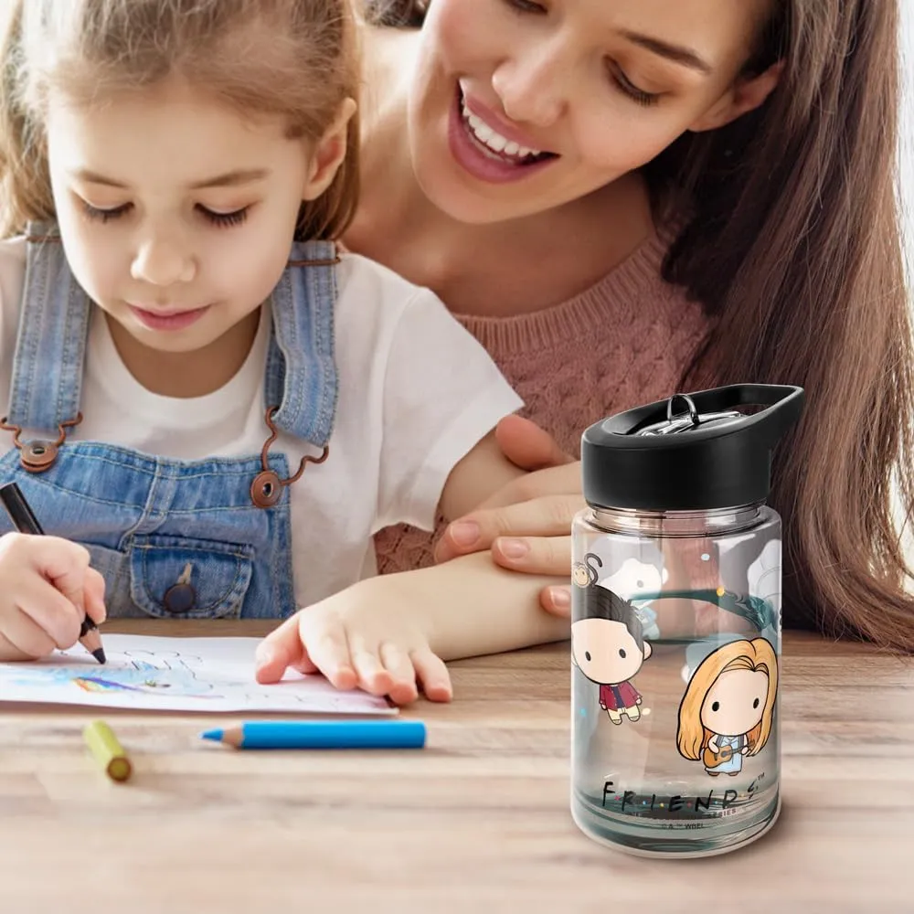 LOGOVISION Friends Kids Tritan Plastic Water Bottle with Straw Lid and Handle, Reusable Tumbler for Toddlers, Unisex for Girls and Boys, 12oz, Chibi Group