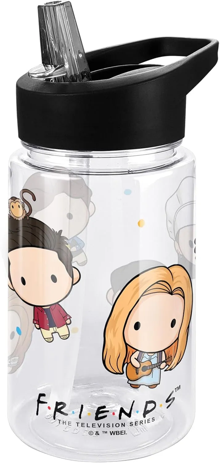 LOGOVISION Friends Kids Tritan Plastic Water Bottle with Straw Lid and Handle, Reusable Tumbler for Toddlers, Unisex for Girls and Boys, 12oz, Chibi Group