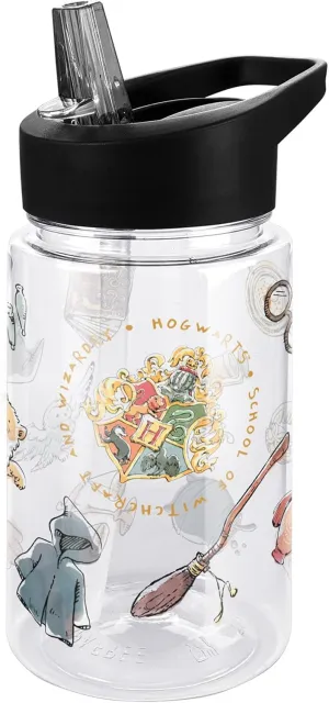 LOGOVISION Harry Potter Kids Tritan Plastic Water Bottle with Straw Lid and Handle, Reusable Tumbler for Toddlers, Unisex for Girls and Boys, 12oz, HP Watercolor Pattern