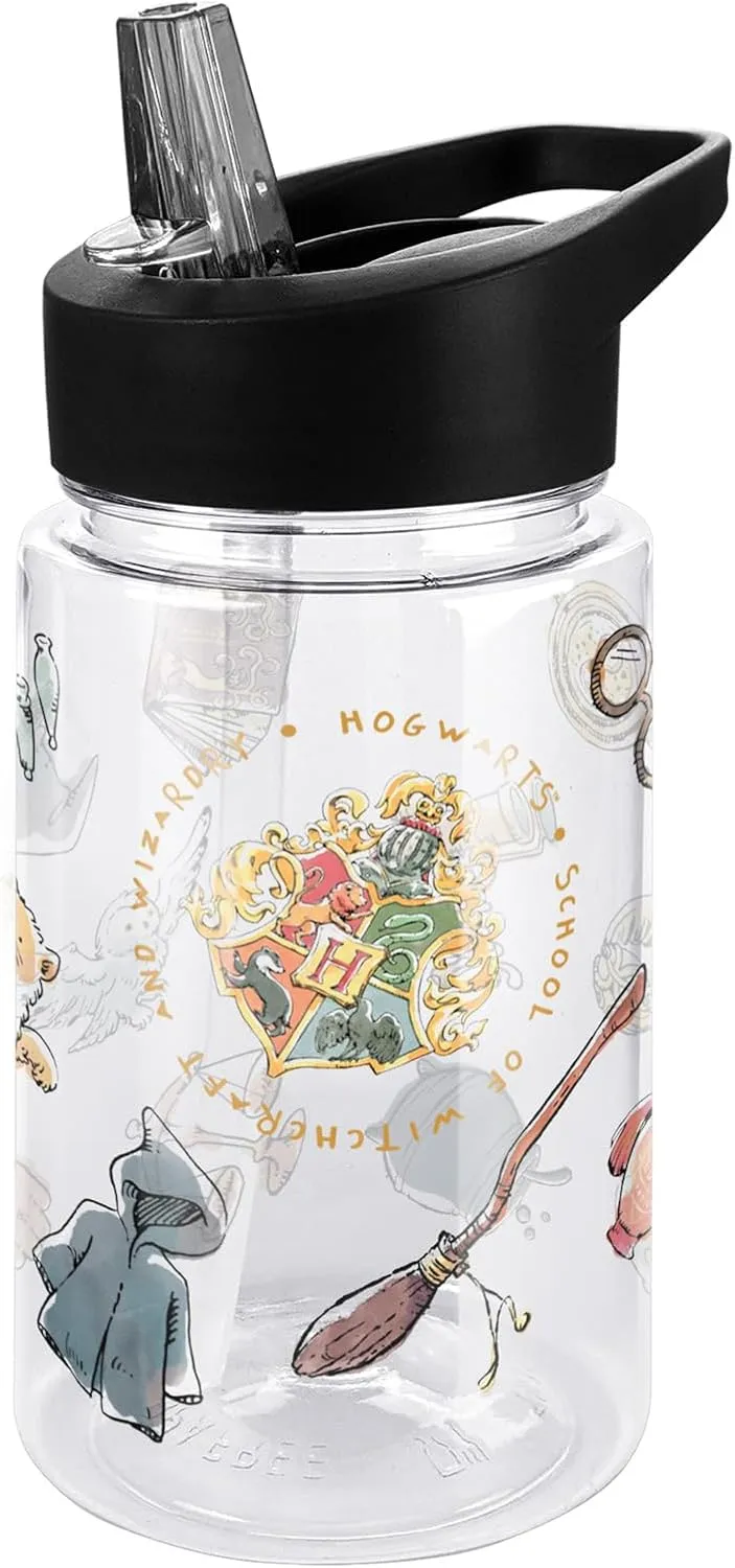 LOGOVISION Harry Potter Kids Tritan Plastic Water Bottle with Straw Lid and Handle, Reusable Tumbler for Toddlers, Unisex for Girls and Boys, 12oz, HP Watercolor Pattern