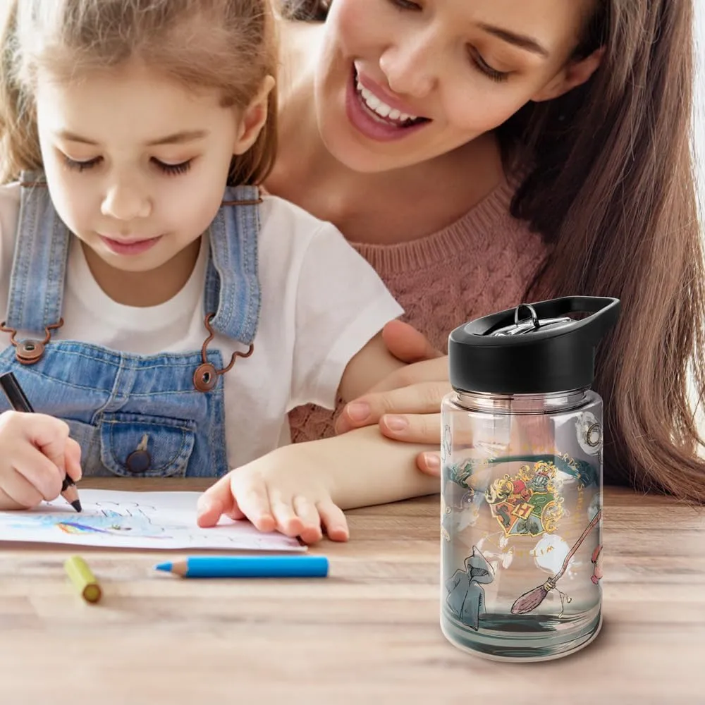 LOGOVISION Harry Potter Kids Tritan Plastic Water Bottle with Straw Lid and Handle, Reusable Tumbler for Toddlers, Unisex for Girls and Boys, 12oz, HP Watercolor Pattern