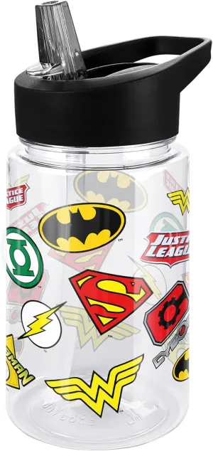 LOGOVISION Justice League Kids Tritan Plastic Water Bottle with Straw Lid and Handle, Reusable Tumbler for Toddlers, Unisex for Girls and Boys, 12oz, Justice League Symbols