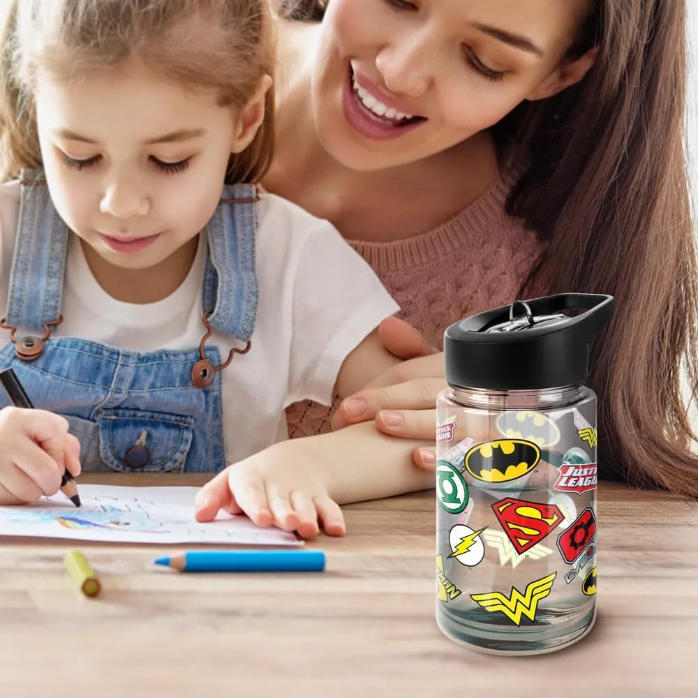 LOGOVISION Justice League Kids Tritan Plastic Water Bottle with Straw Lid and Handle, Reusable Tumbler for Toddlers, Unisex for Girls and Boys, 12oz, Justice League Symbols