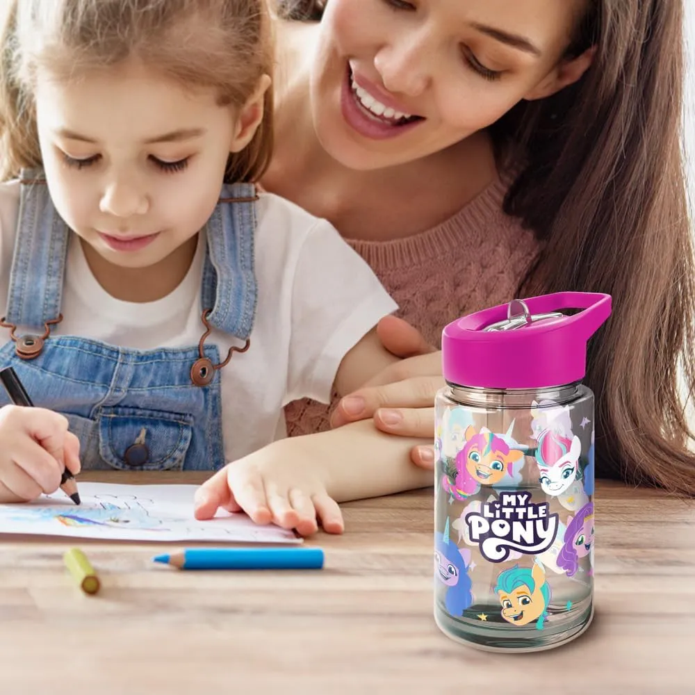 LOGOVISION My Little Pony: Make Your Mark Kids Tritan Plastic Water Bottle with Straw Lid and Handle, Reusable Tumbler for Toddlers, Unisex for Girls and Boys, 12oz, Aop Heads