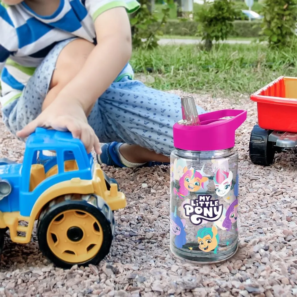 LOGOVISION My Little Pony: Make Your Mark Kids Tritan Plastic Water Bottle with Straw Lid and Handle, Reusable Tumbler for Toddlers, Unisex for Girls and Boys, 12oz, Aop Heads