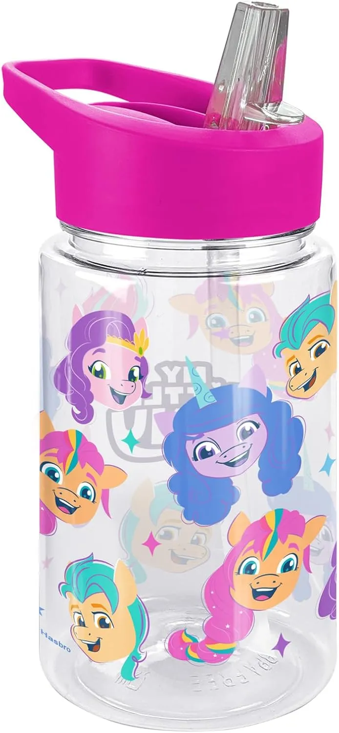 LOGOVISION My Little Pony: Make Your Mark Kids Tritan Plastic Water Bottle with Straw Lid and Handle, Reusable Tumbler for Toddlers, Unisex for Girls and Boys, 12oz, Aop Heads