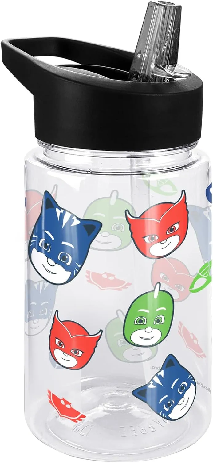 LOGOVISION Pj Masks Kids Tritan Plastic Water Bottle with Straw Lid and Handle, Reusable Tumbler for Toddlers, Unisex for Girls and Boys, 12oz, Hero Head Pattern