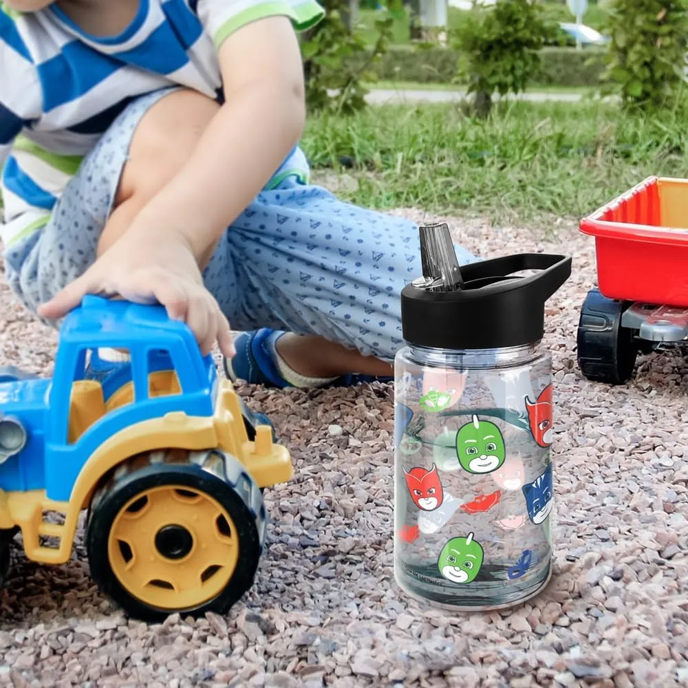 LOGOVISION Pj Masks Kids Tritan Plastic Water Bottle with Straw Lid and Handle, Reusable Tumbler for Toddlers, Unisex for Girls and Boys, 12oz, Hero Head Pattern