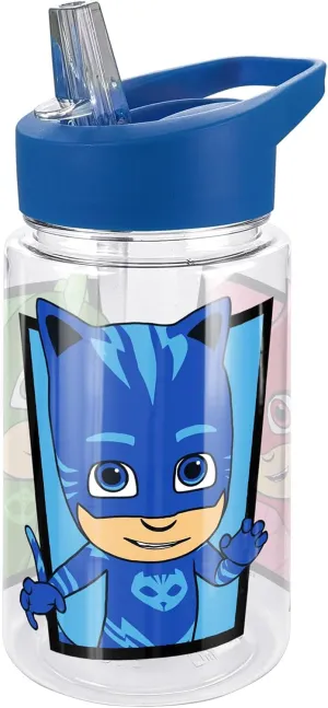 LOGOVISION PJ Masks Kids Tritan Plastic Water Bottle with Straw Lid and Handle, Reusable Tumbler for Toddlers, Unisex for Girls and Boys, 12oz, PJ Panels