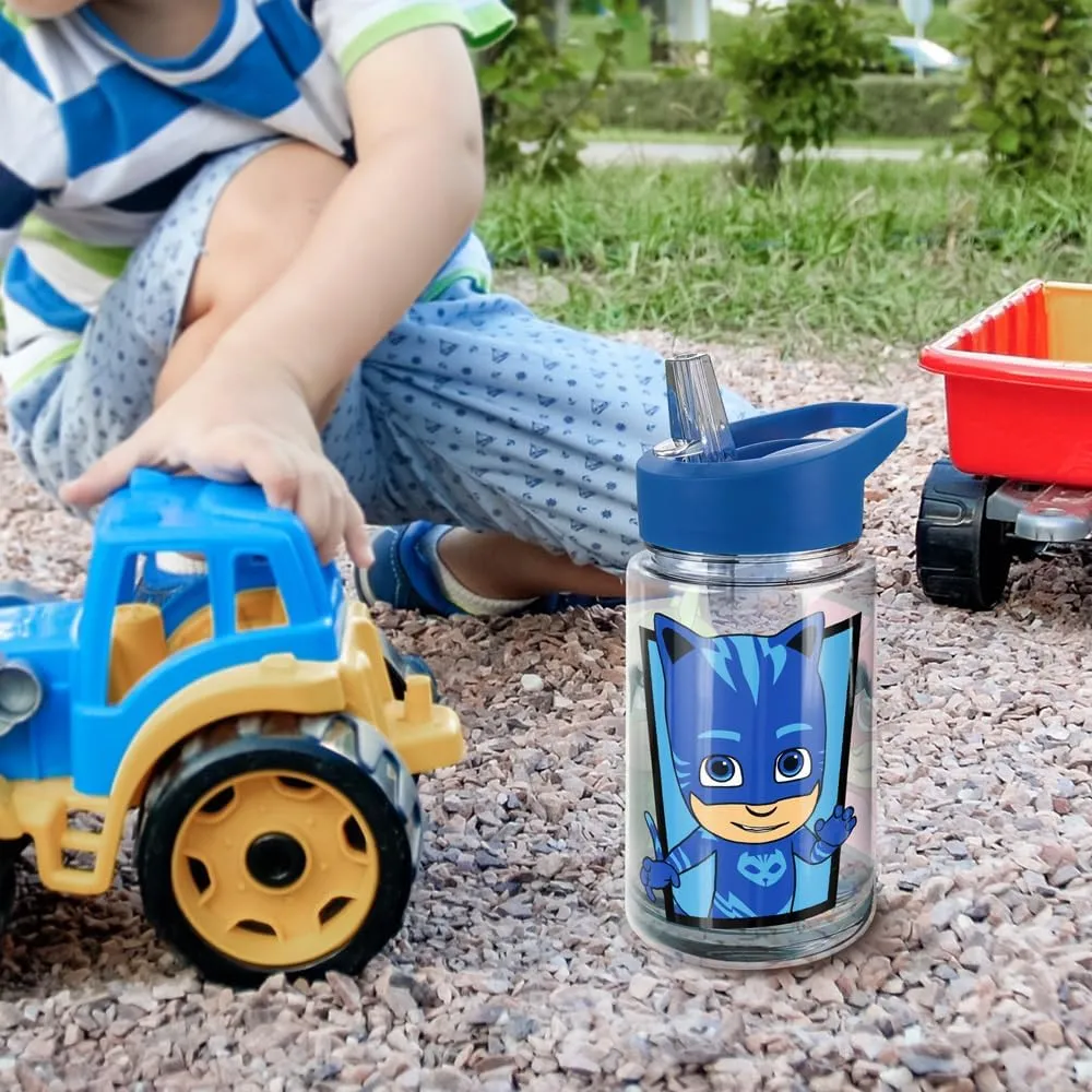 LOGOVISION PJ Masks Kids Tritan Plastic Water Bottle with Straw Lid and Handle, Reusable Tumbler for Toddlers, Unisex for Girls and Boys, 12oz, PJ Panels