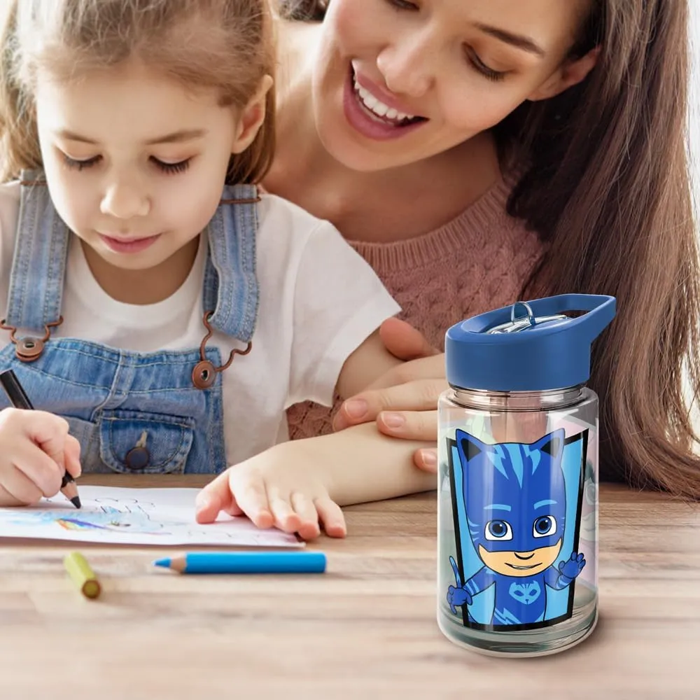 LOGOVISION PJ Masks Kids Tritan Plastic Water Bottle with Straw Lid and Handle, Reusable Tumbler for Toddlers, Unisex for Girls and Boys, 12oz, PJ Panels