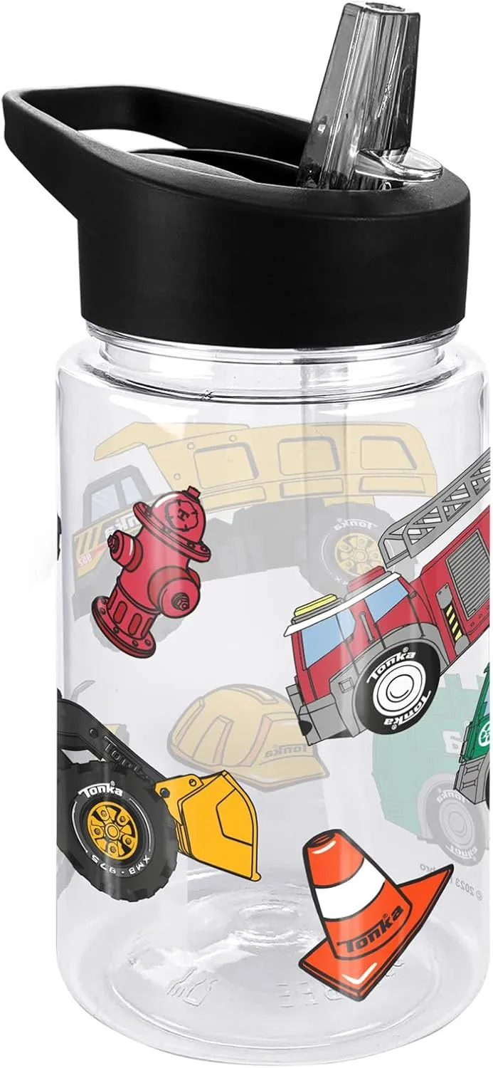 LOGOVISION Tonka Kids Tritan Plastic Water Bottle with Straw Lid and Handle, Reusable Tumbler for Toddlers, Unisex for Girls and Boys, 12oz, Truck Pattern