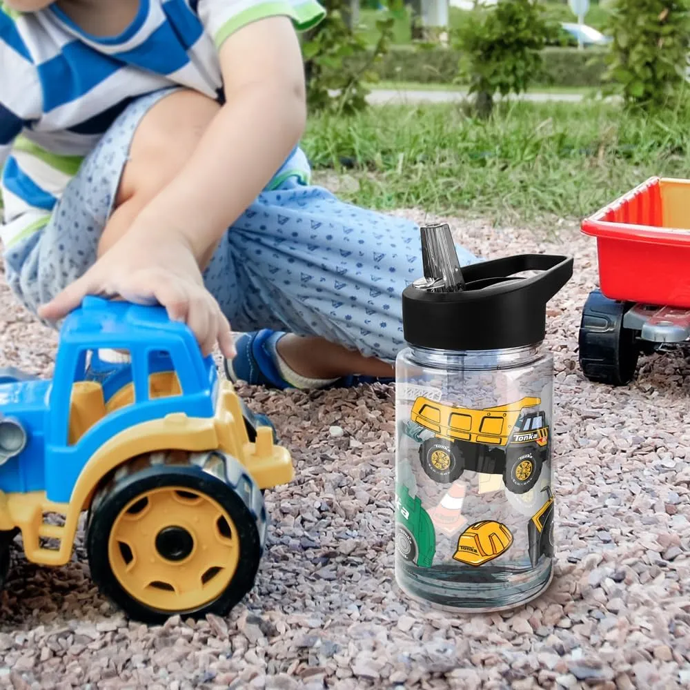 LOGOVISION Tonka Kids Tritan Plastic Water Bottle with Straw Lid and Handle, Reusable Tumbler for Toddlers, Unisex for Girls and Boys, 12oz, Truck Pattern
