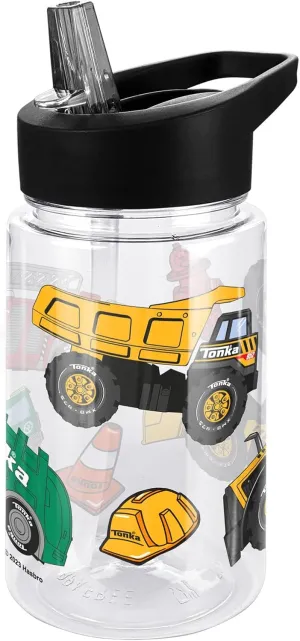 LOGOVISION Tonka Kids Tritan Plastic Water Bottle with Straw Lid and Handle, Reusable Tumbler for Toddlers, Unisex for Girls and Boys, 12oz, Truck Pattern