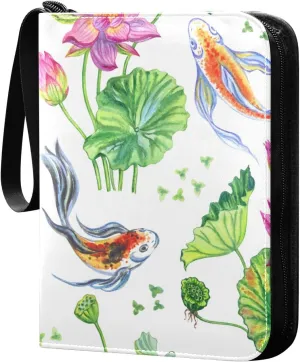 Lotus Flowers and Koi Pattern Card Binder for Trading Cards, 4 Pocket with 50 Sleeves up to 400 Cards, Double Sided Pockets Card Holder Carry Case for Baseball Card, Football Card, Gaming Cards