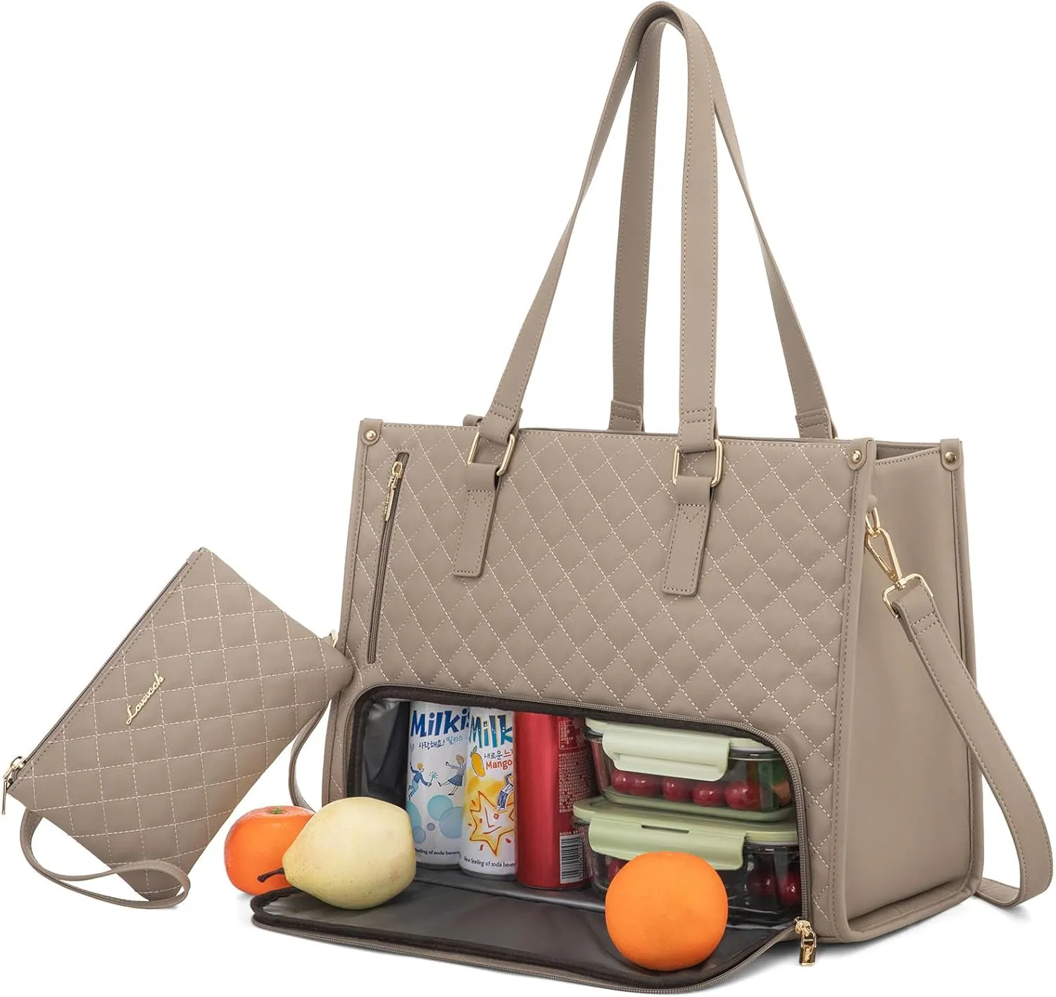 LOVEVOOK Lunch Tote Bag for Women, 15.6 Inch Laptop Bag with Insulated Lunch Compartment, Quilted Large Capacity Computer Handbag with Purse for Business, Work, Collage, Office, Casual, Clay pink