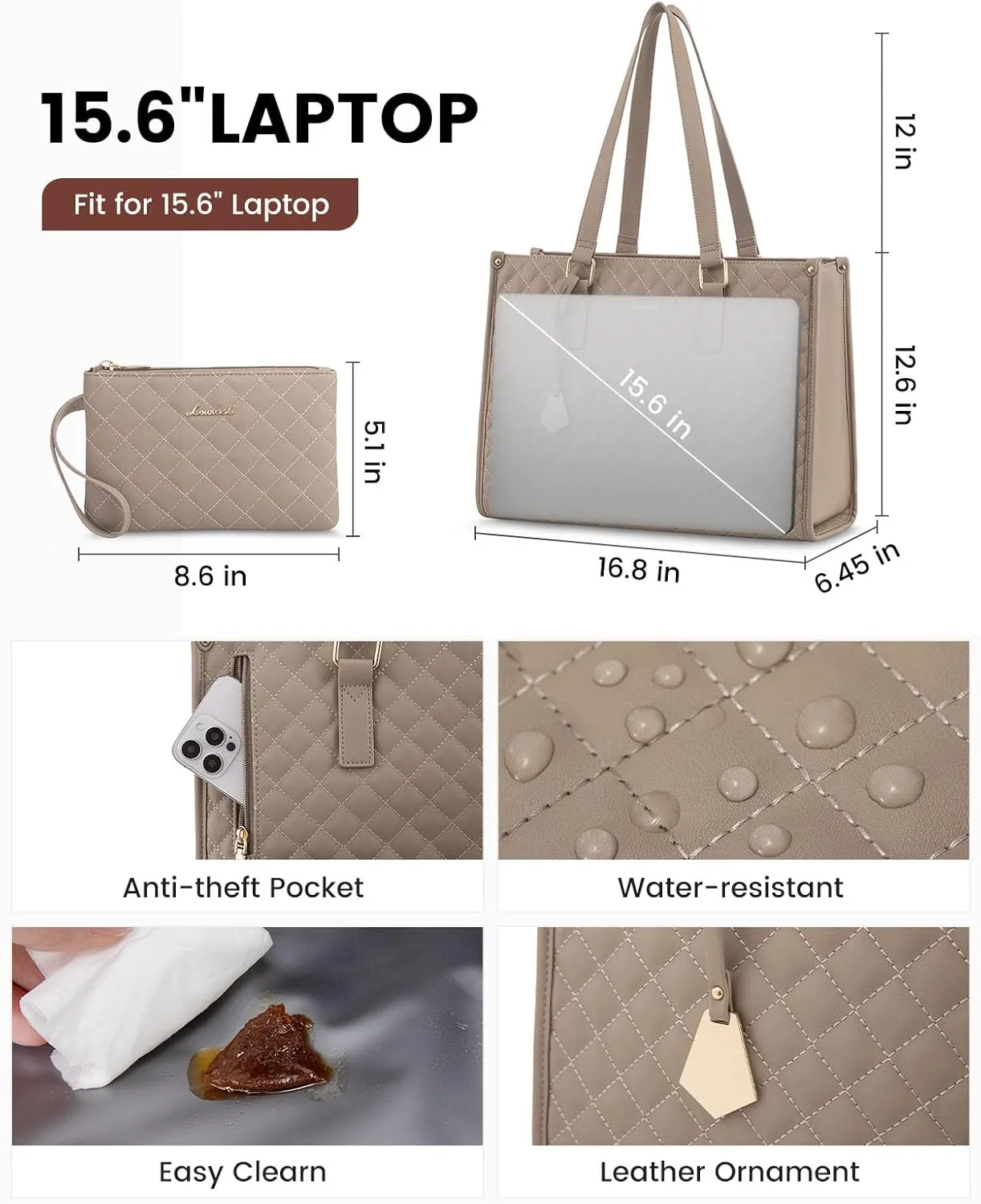 LOVEVOOK Lunch Tote Bag for Women, 15.6 Inch Laptop Bag with Insulated Lunch Compartment, Quilted Large Capacity Computer Handbag with Purse for Business, Work, Collage, Office, Casual, Clay pink