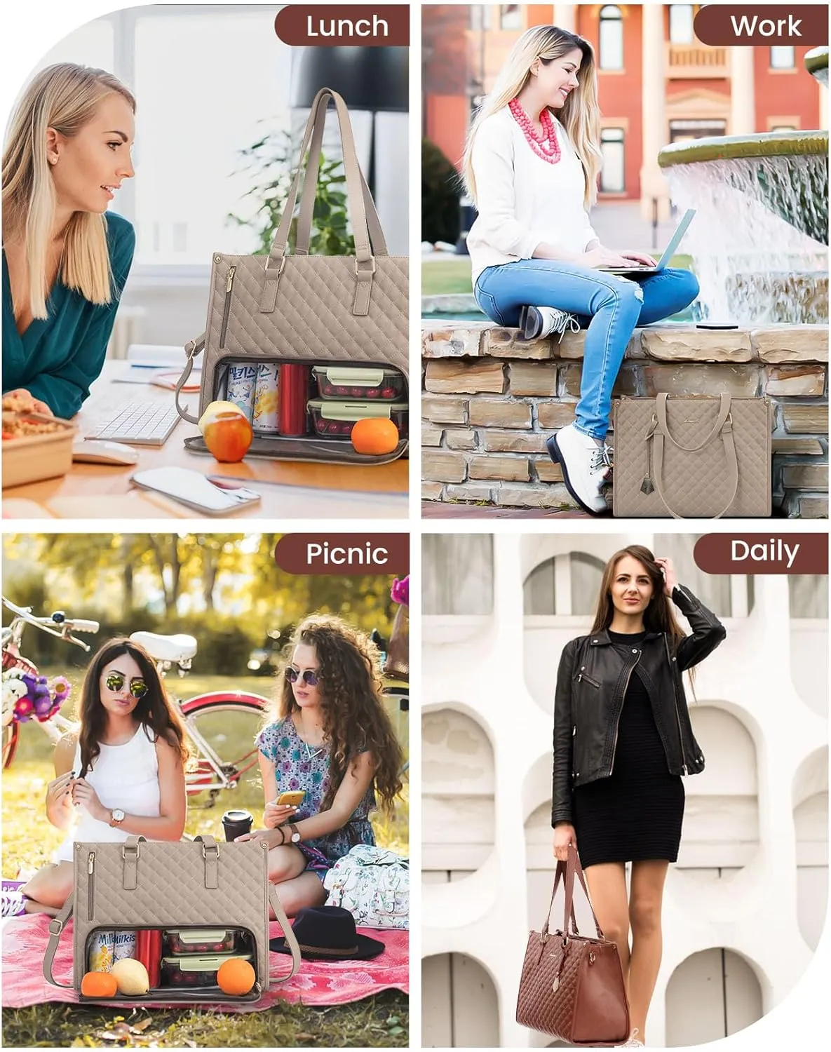 LOVEVOOK Lunch Tote Bag for Women, 15.6 Inch Laptop Bag with Insulated Lunch Compartment, Quilted Large Capacity Computer Handbag with Purse for Business, Work, Collage, Office, Casual, Clay pink