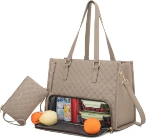 LOVEVOOK Lunch Tote Bag for Women, 15.6 Inch Laptop Bag with Insulated Lunch Compartment, Quilted Large Capacity Computer Handbag with Purse for Business, Work, Collage, Office, Casual, Clay pink