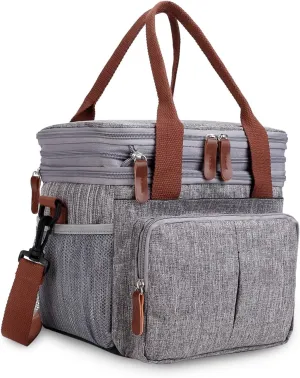 Lunch Bag for Women Men Expandable Double Deck Lunch Box Large Lunch Bags Leakproof Insulated Reusable Lunch Cooler Bag（Gray）