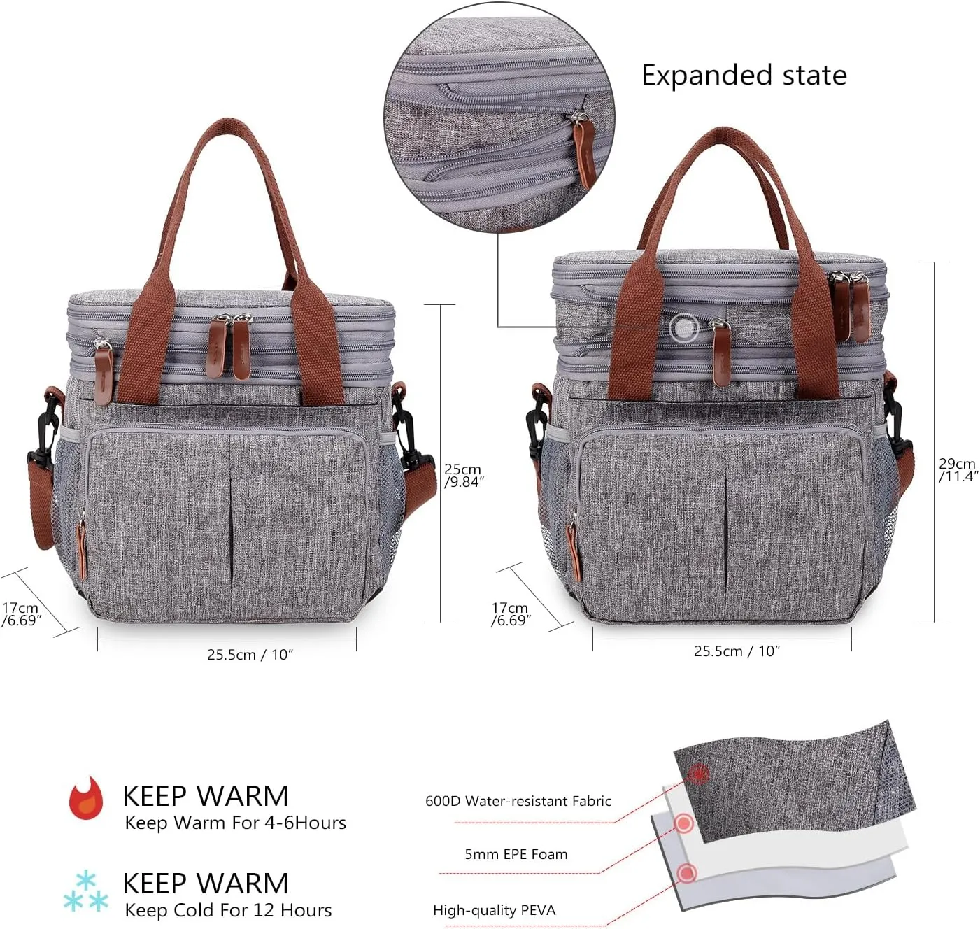 Lunch Bag for Women Men Expandable Double Deck Lunch Box Large Lunch Bags Leakproof Insulated Reusable Lunch Cooler Bag（Gray）