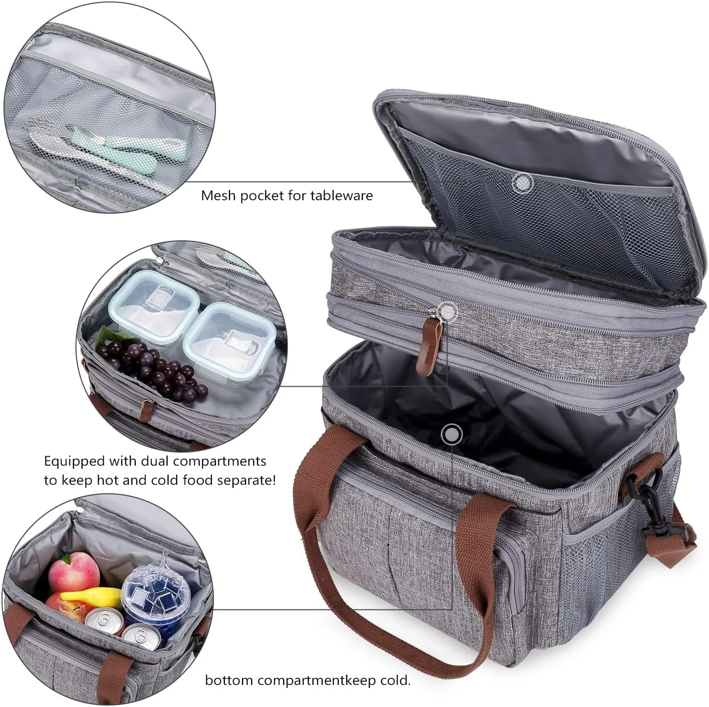 Lunch Bag for Women Men Expandable Double Deck Lunch Box Large Lunch Bags Leakproof Insulated Reusable Lunch Cooler Bag（Gray）