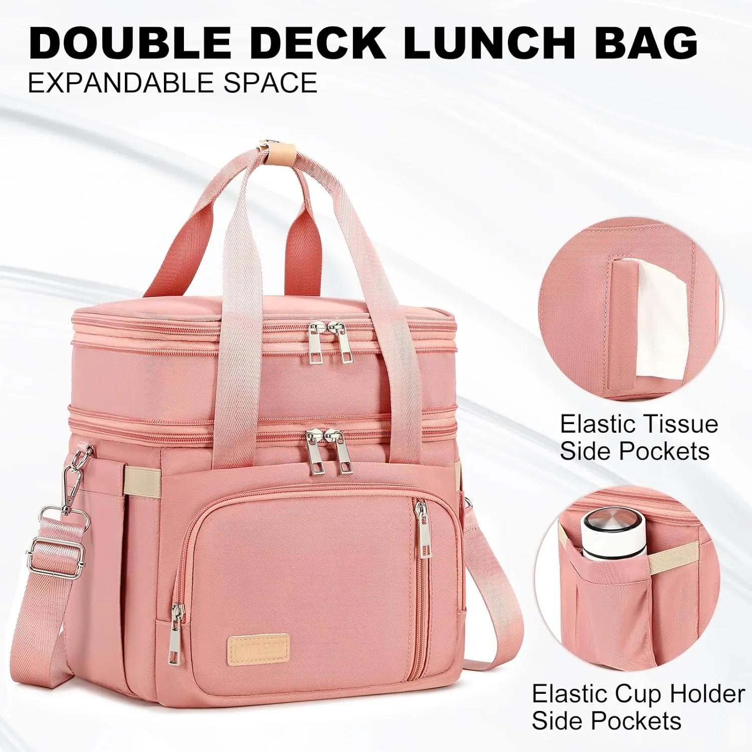 Lunch Box for Men Women - Double Deck Insulated Lunch Bag, Large Leak Proof Tote Cooler, Wide Open Dual Compartment Lunch Bags with Shoulder Strap, For Work Picnic Hiking Beach, Pink