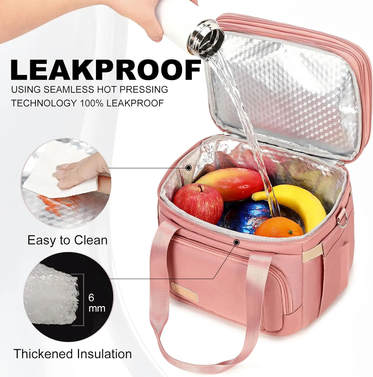 Lunch Box for Men Women - Double Deck Insulated Lunch Bag, Large Leak Proof Tote Cooler, Wide Open Dual Compartment Lunch Bags with Shoulder Strap, For Work Picnic Hiking Beach, Pink