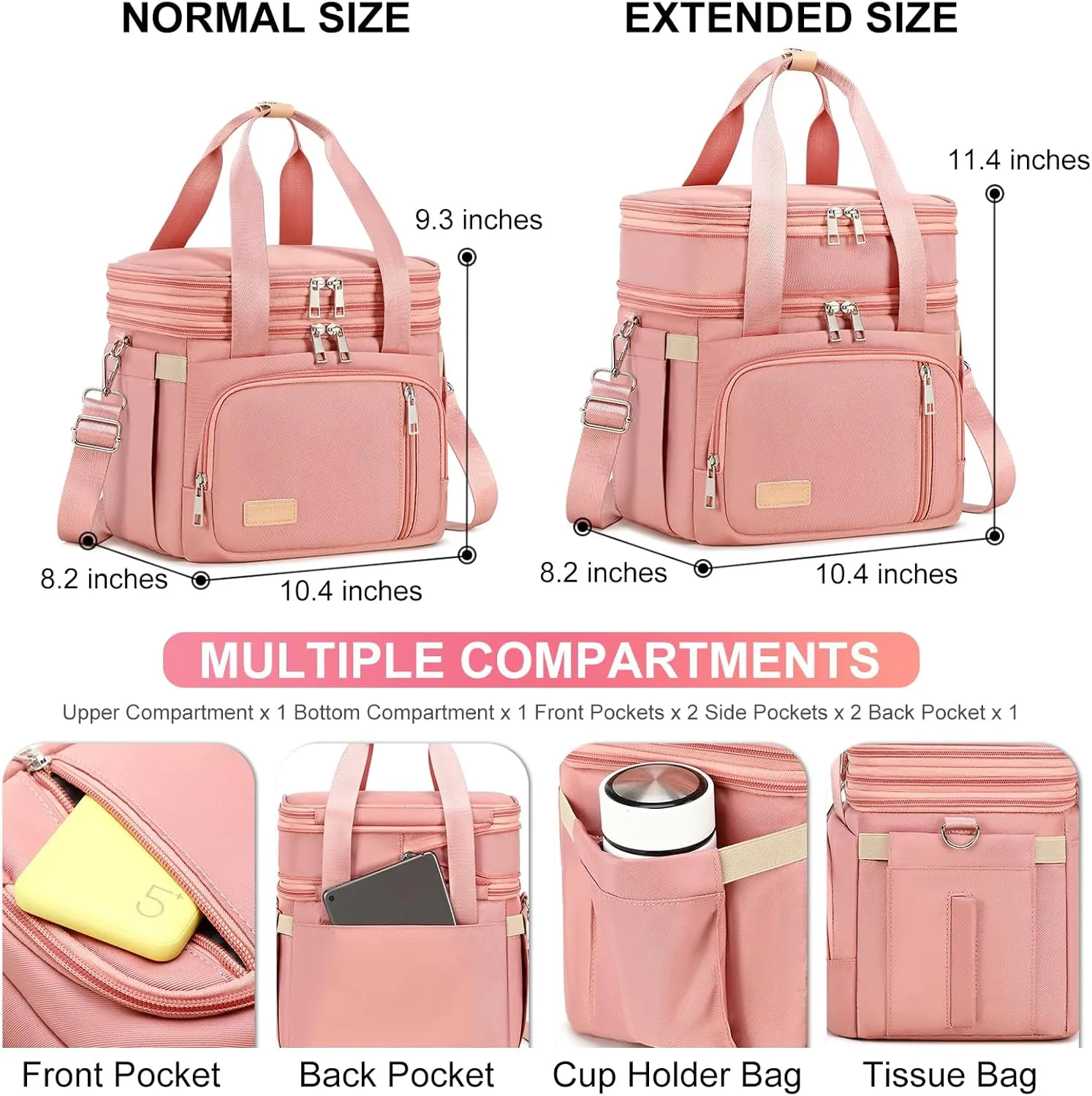 Lunch Box for Men Women - Double Deck Insulated Lunch Bag, Large Leak Proof Tote Cooler, Wide Open Dual Compartment Lunch Bags with Shoulder Strap, For Work Picnic Hiking Beach, Pink