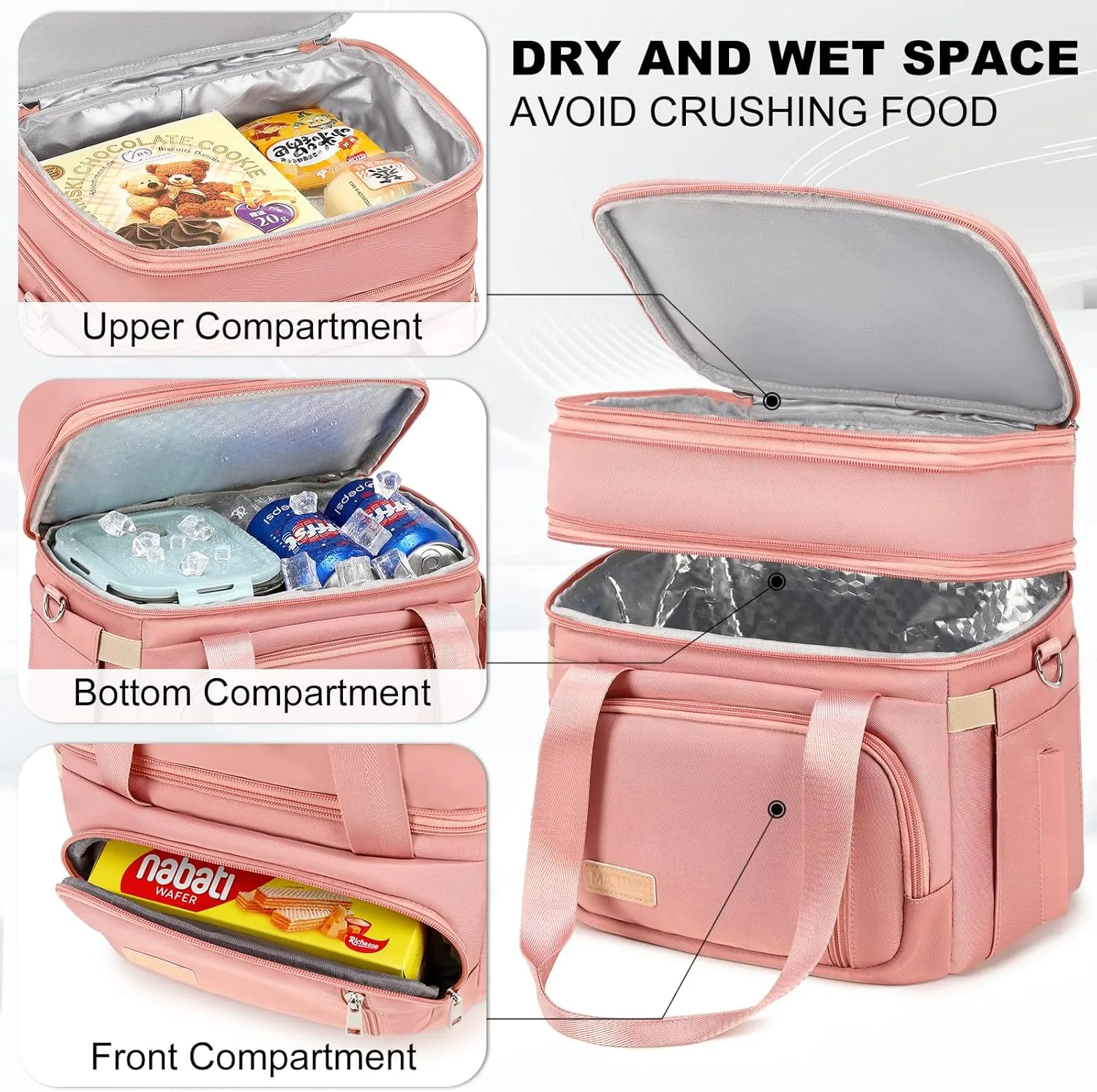 Lunch Box for Men Women - Double Deck Insulated Lunch Bag, Large Leak Proof Tote Cooler, Wide Open Dual Compartment Lunch Bags with Shoulder Strap, For Work Picnic Hiking Beach, Pink