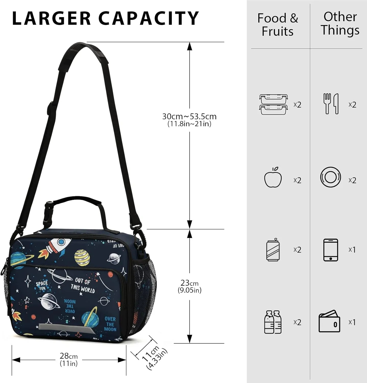 Lunch Box Space Rocket Planet Insulated School Lunch Bag Kids Cooler Tote Boys Girls Reusable Shoulder Strap Picnic Travel Office