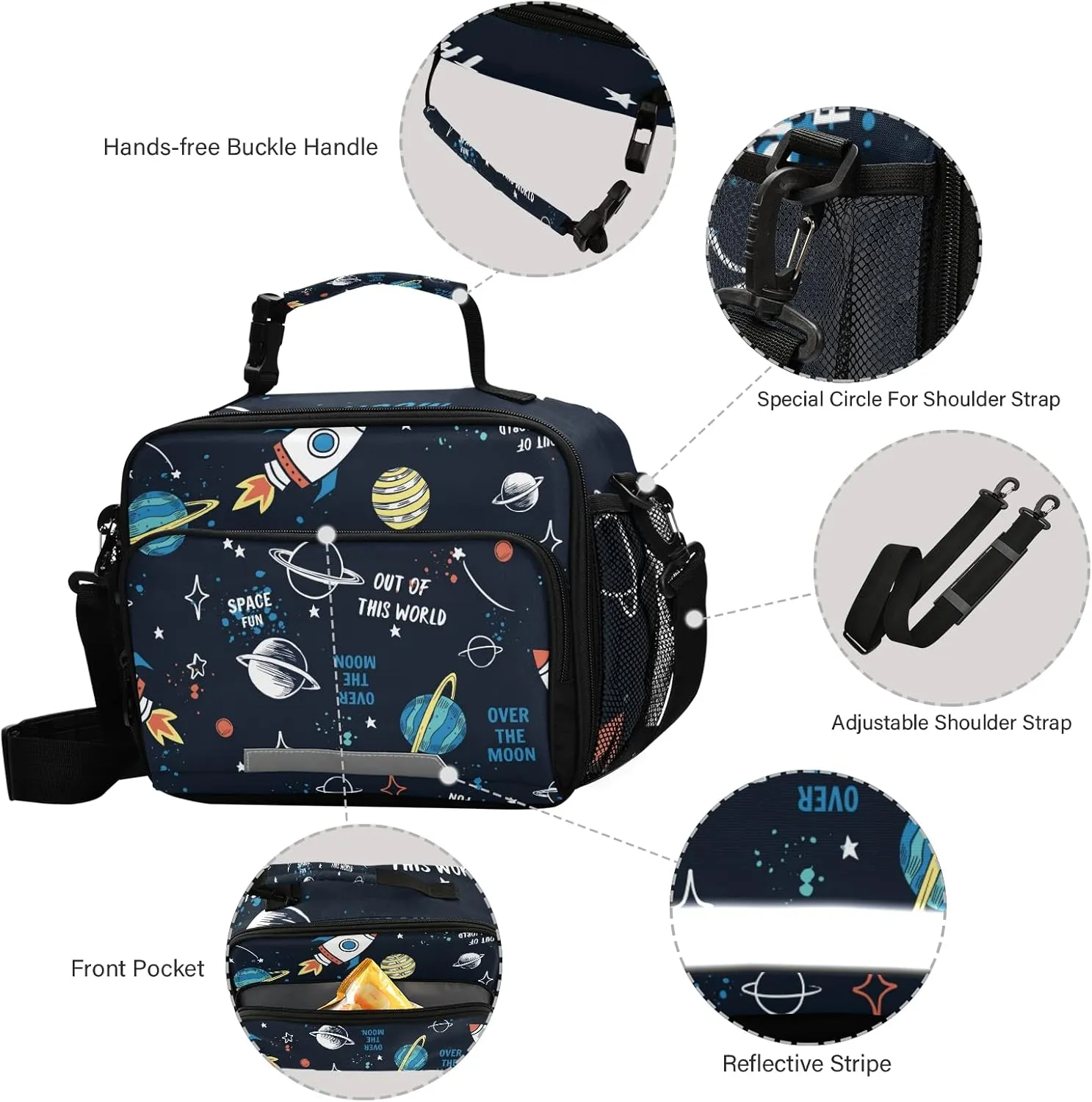 Lunch Box Space Rocket Planet Insulated School Lunch Bag Kids Cooler Tote Boys Girls Reusable Shoulder Strap Picnic Travel Office