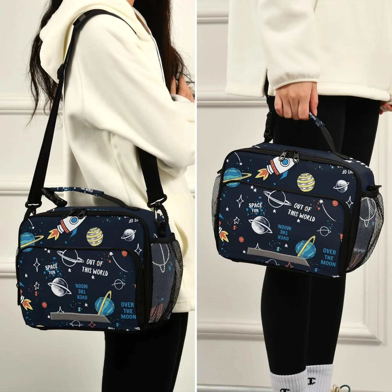 Lunch Box Space Rocket Planet Insulated School Lunch Bag Kids Cooler Tote Boys Girls Reusable Shoulder Strap Picnic Travel Office